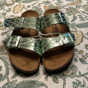 Birkenstock green metallic croc sandals